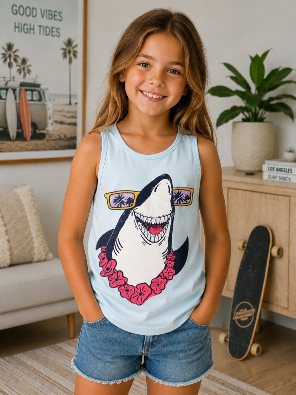 Cat & Jack Boy/Girl Shark Tank Top Size Medium 8 Light Blue Graphic Sleeveless - Picture 2 of 8